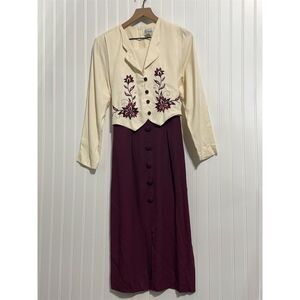 Vtg K Petite 10P Dark‎ Academia Dress Embroidered Vest Faux 2-Piece Burgundy